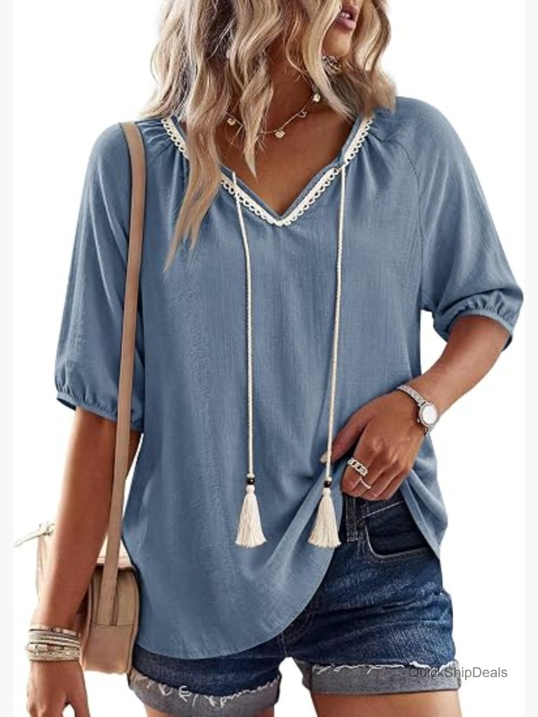 Short Sleeve Boho Flowy V Neck Blouse Casual Tunic Shirt